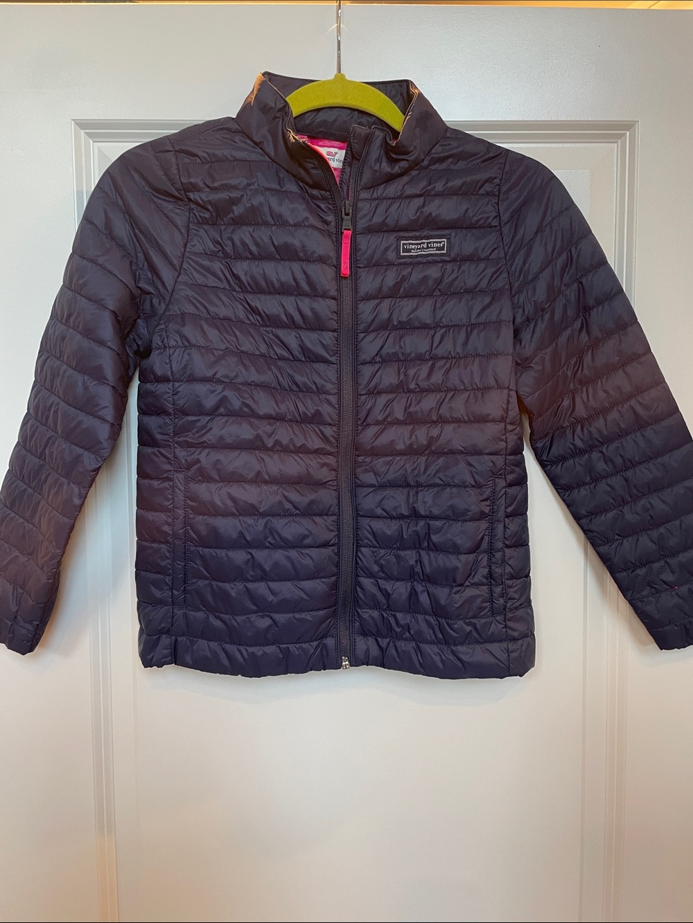 Vineyard Vines Kids Black Packable Puffer Jacket with Pink Zip Accent